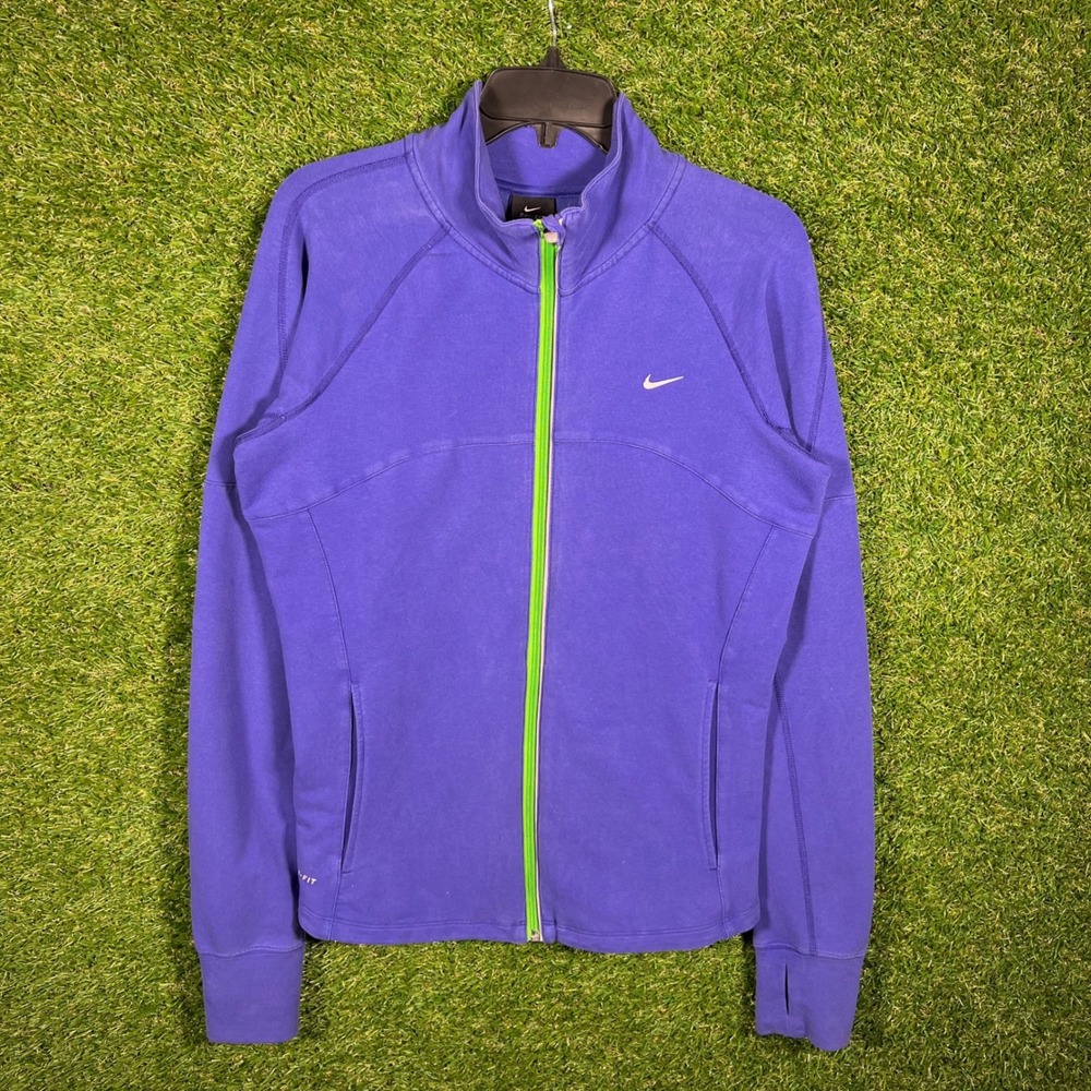 Nike Dri-FIT Womens‎ Full Zip Track Jacket Purple Lime Green Thumbholes Large
